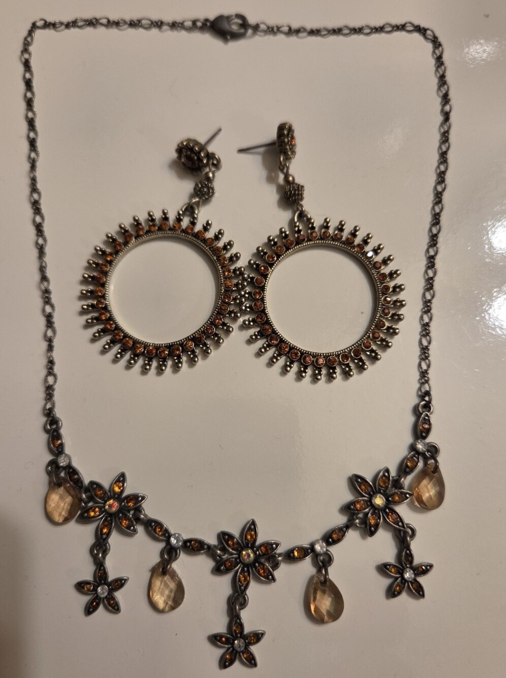 Elegant Brown Crystal Flower Necklace AVON and Hoop Earrings Set TO MATCH